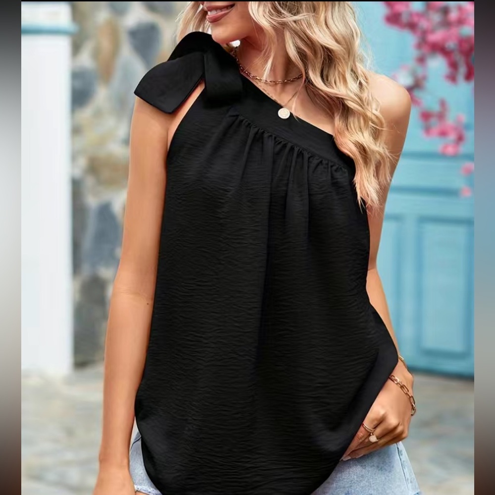 One Shoulder Tied Pleated Tank Top